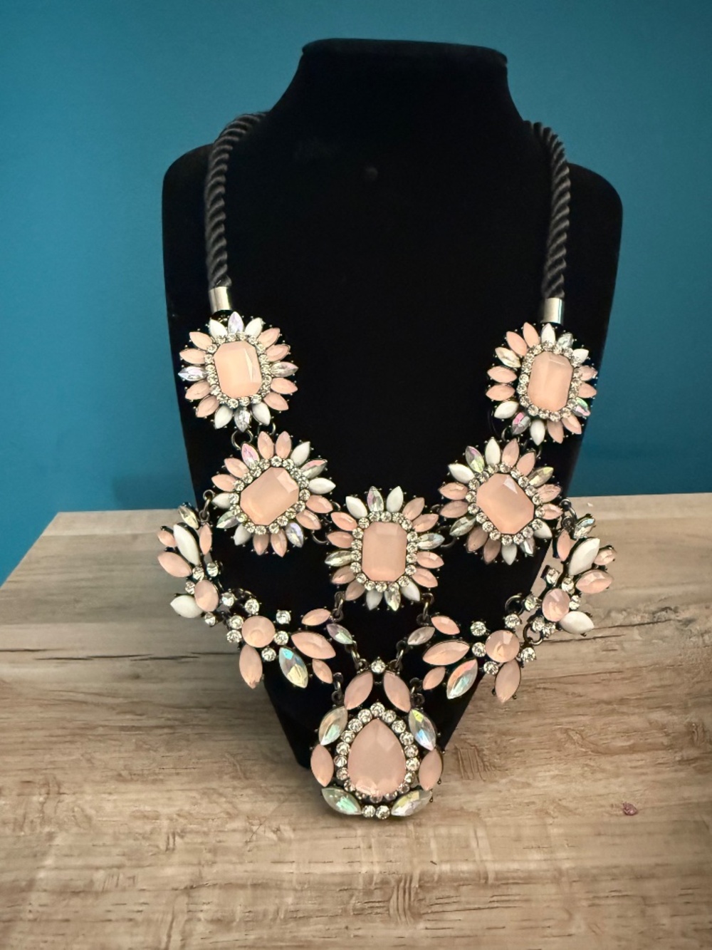 Anthropologie Blush Pink Crystal Floral Bib Statement Necklace